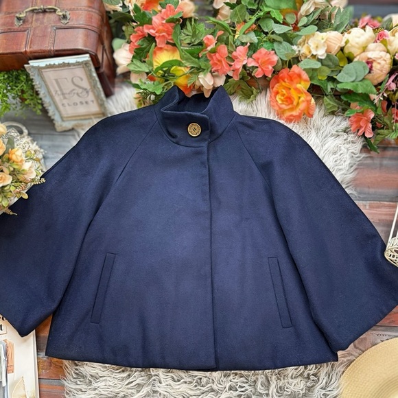 Tahari Nadjia Blue Capelet Jacket Coat w Removable Faux Fur Collar L/XL